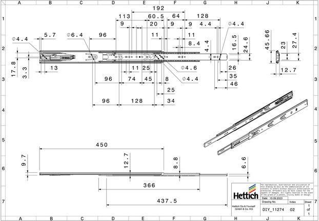 Immagine prodotto Hettich Schubladenschiene Vollauszug 450 mm mit Anschlagdämpfung chromatiert 9126922 2 Stück