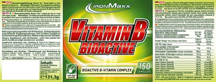 Valeurs nutritives et ingrédients IronMaxx Vitamine B bioactive (150 pièce(s), Capsules, 131.30 g)