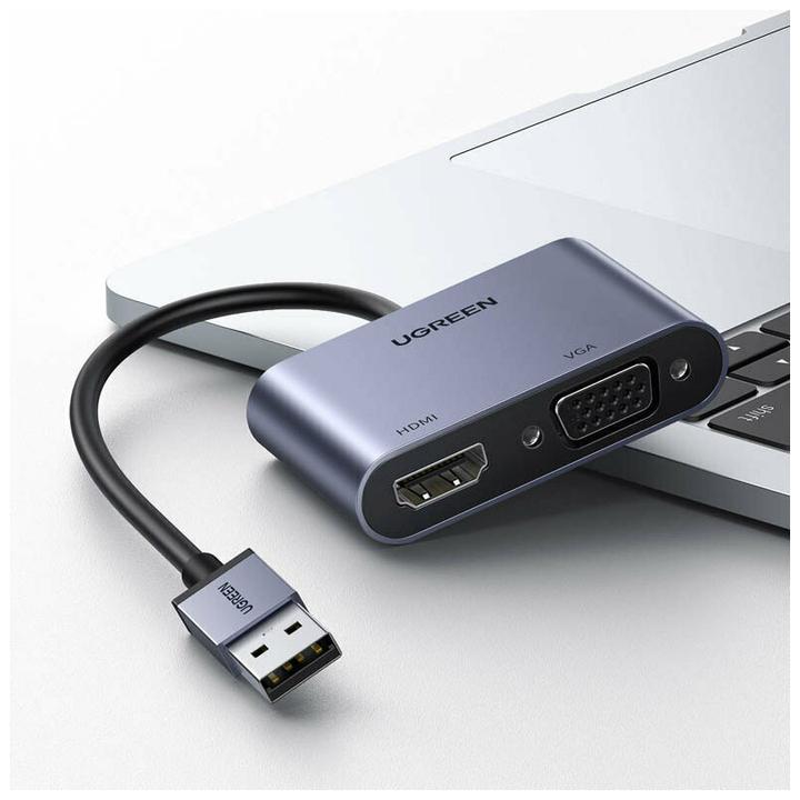 Actual product image Ugreen adapter converter USB - HDMI 1.3 (1920 x 1080@60Hz) + VGA 1.2 (1920 x 1080@60Hz) grey (CM449) (USB 3.0, 1.70 cm)