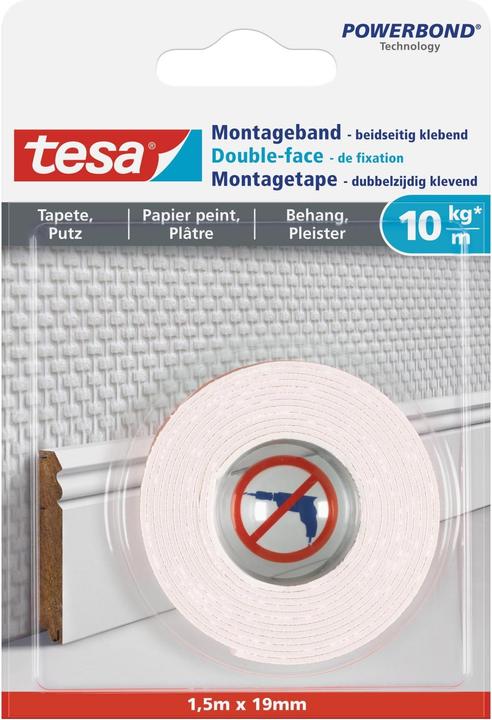 Produktbild tesa Montageband für Tapete & Putz, doppelseitiges Montageklebeband (19 mm)