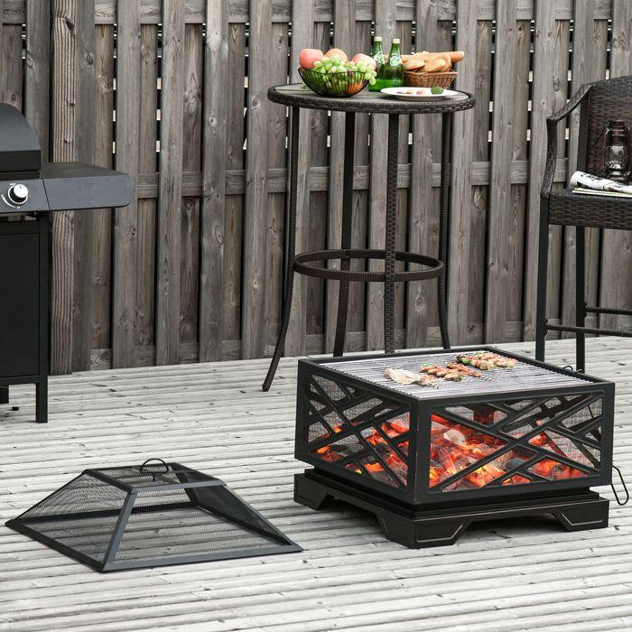 Produktbild Swisshandel24 Feuerschale mit Funkenschutz, Feuerkorb mit Grillrost & Schürhaken, 2-in-1 BBQ Grill, Metall, Schwar (66 cm)