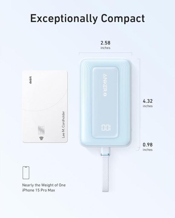 Actual product image Anker - Power Bank Zolo (A1688031) - Type-C, USB, 10000mAh, 30W, with Type-C Cable - Light Blue (10000 mAh, 30 W)