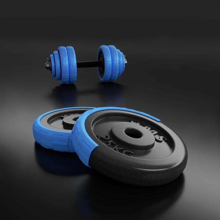 HMS A set of dumbbells with variable weight and a 30 kg barbell