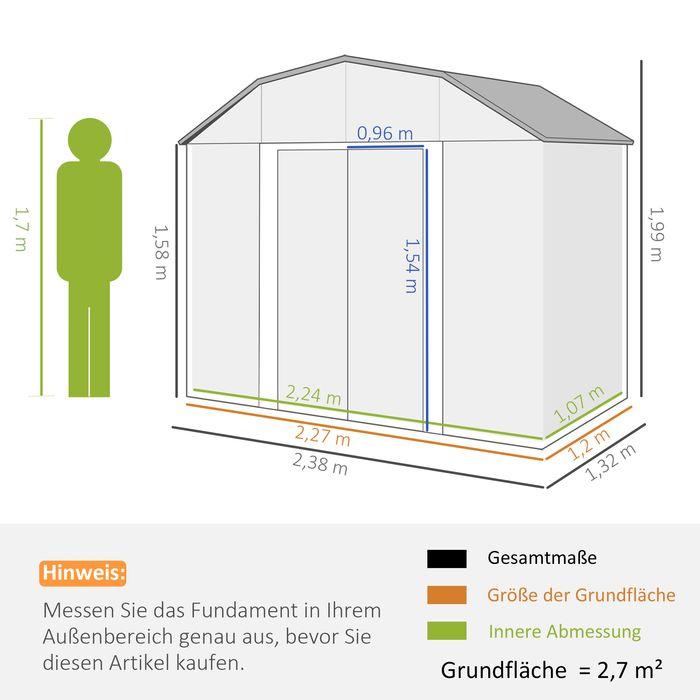 Produktbild Swisshandel24 Gerätehaus Stahl 2,7m² UV-Schutz 2 Schiebetüren Regal Fundament Dunkelgrau 238x132x198,5cm