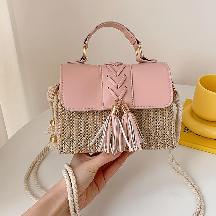 Produktbild Only-Bags.Store Quaste Dekor Stroh gewebt Handtaschen, Mini Rope Strap Crossbody Strandtasche, Frauen Top Handle