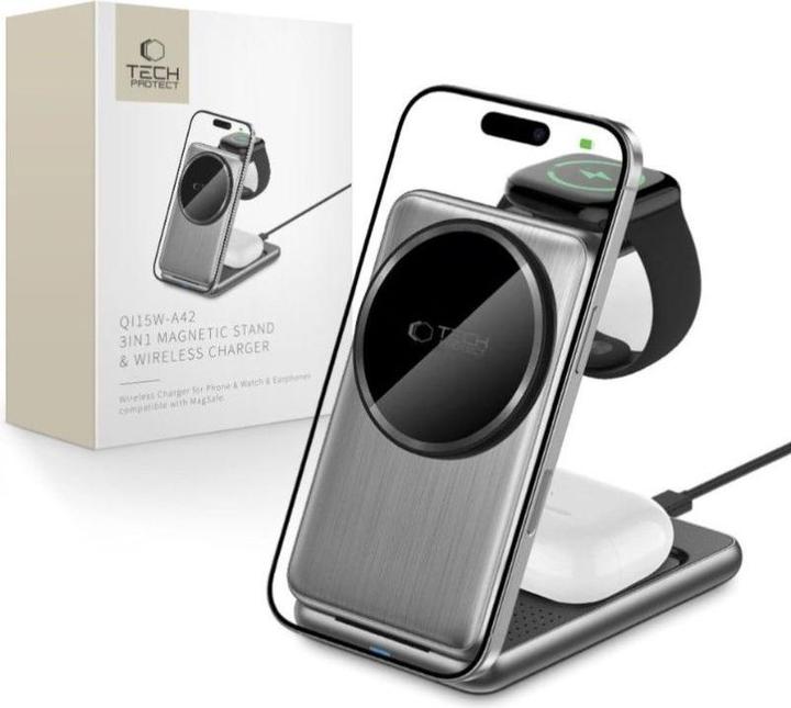 Actual product image Tech-Protect Dock station Universal QI15W-A42 3IN1 MAGNETIC MAGSAFE WIRELESS CHARGER Space Gray