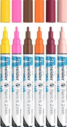 Actual product image Schneider Paint-It acrylic pencils (set of 3 with 2 mm bullet tip, highly opaque acrylic paints for wood (Pink, Yellow, Brown, Apricot, Burgundy, Orange, 2 mm, 6 x)