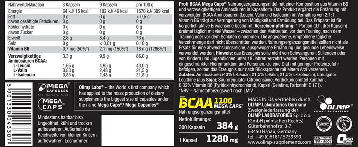 Nutritional values and ingredients Olimp Sport Nutrition Professional BCAA Mega Caps (120 Caps, 132g) (120 Piece, Capsules, 132 g)