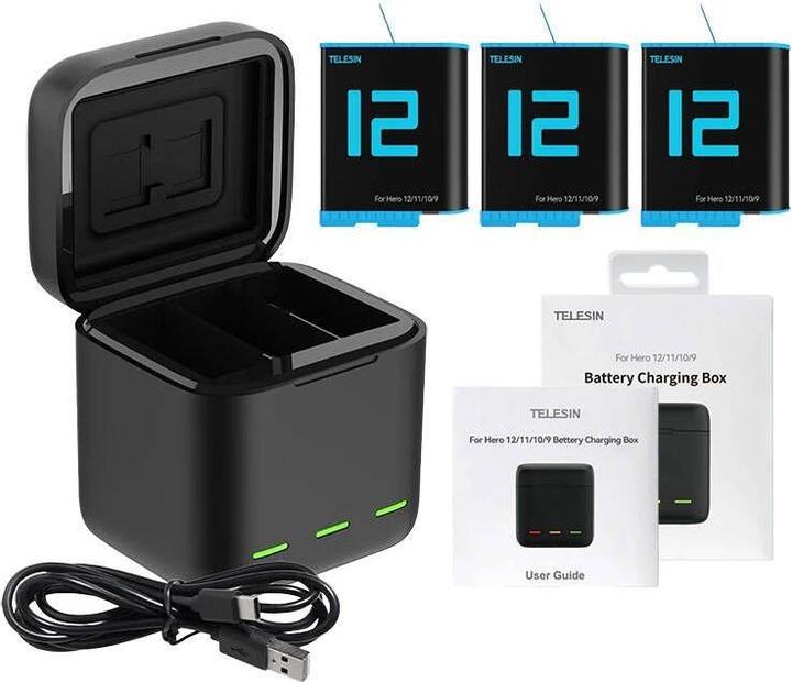 Actual product image Telesin Three-channel box charger + 3 batteries (GoPro Hero 9, GoPro Hero 11, GoPro Hero 10, GoPro Hero 12)