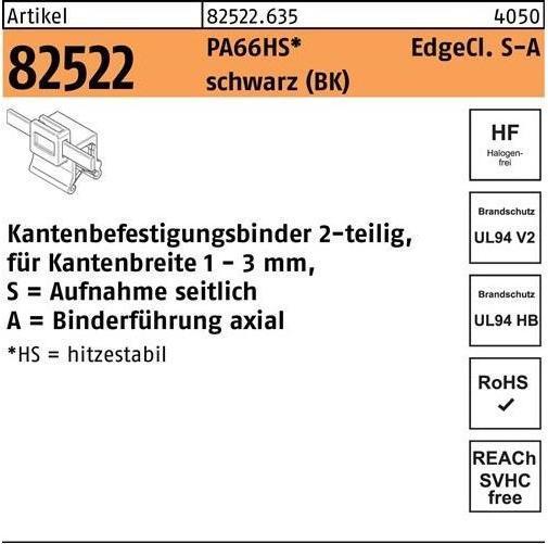 Produktbild HellermannTyton Befestigungsbinder R 82522 m.Edgeclip 4,6 x 200/45 PA66HS schwarz seitlich-axial (Befestigungsschlaufen, 200 mm, 500 Stk.)