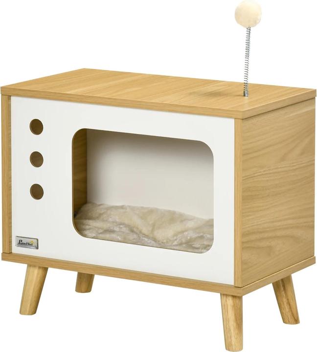 Image du produit PawHut Cave à chat design TV avec jouets et coussins, chêne, 50x28x43cm (Chat)