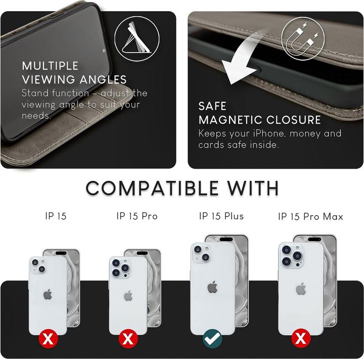 Produktbild Nalia Echt Leder Flip Case Hülle mit Magnetverschluss (Apple iPhone 15 Plus)