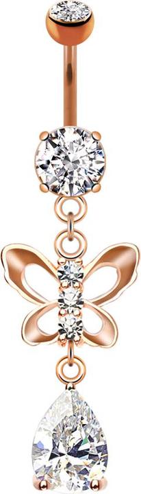 Immagine prodotto Star Piercing Banana in oro rosa con due sfere di cristallo in argento, ciondolo a farfalla e gocce di cristallo (Ottone, Acciaio chirurgico 316L)