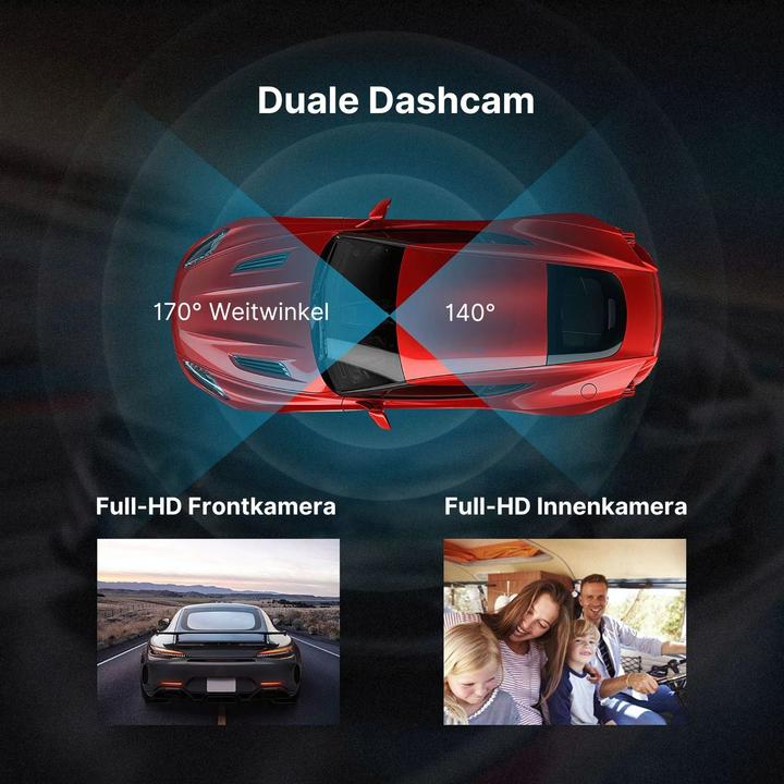 Produktbild Hermex Dual-Dashcam Full-HD Autofront-Kamera Onboard-Kamera Innenraum Auto (Eingebautes Mikrofon, Nachtsicht, Beschleunigungssensor, Full HD)