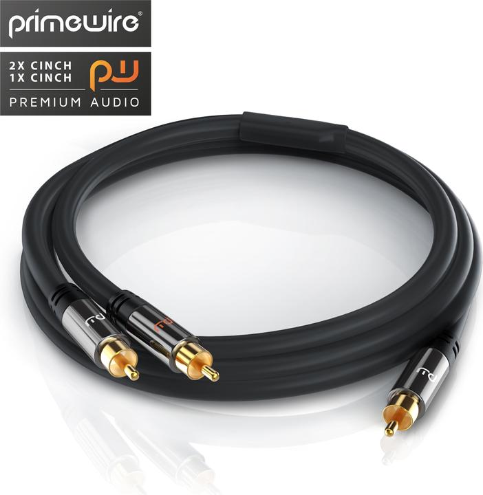 Actual product image Primewire Cinch Audio Cable - Y-Cinch Coaxial Cable - Subwoofer Cable - 1 Cinch Plug to 2 Cinch Plugs (7.50 m, Cinch)