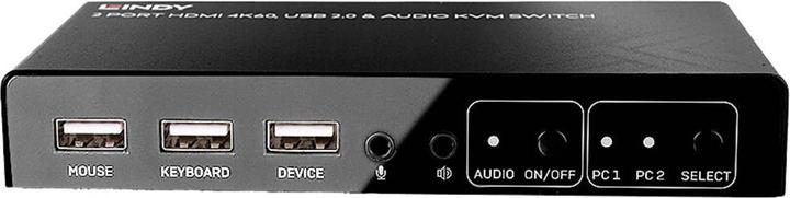 Actual product image Lindy 2 Port KVM Switch HDMI 4K60, USB 2.0 & Audio Switches between 2 HDMI PCs from a single console.