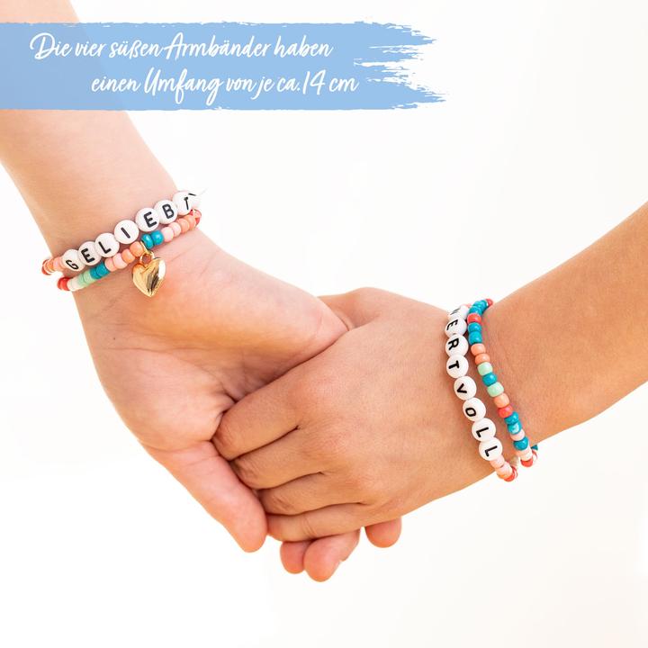 Produktbild Papierdrachen 4 Perlenarmbänder – GELIEBT und WERTVOLL (Kunststoff, Metall, Gummi)