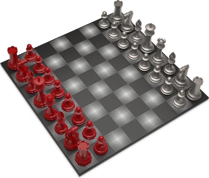 Produktbild Skyline Chess Schachspiel - Serie Stahl - Rot vs Silber - Gloss finish (with Wooden Gradient Square Board)