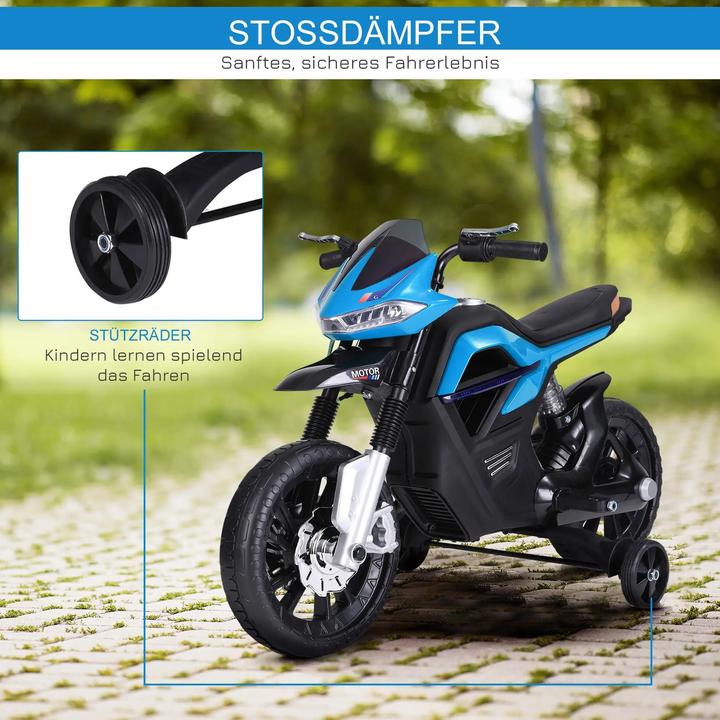 Produktbild Homcom Kinder-Elektromotorrad 3-6 Jahren mit Stützrädern maximal 3 km/h Metall + Kunststoff Blau 105x52,3x6