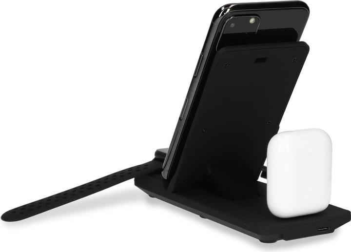 Immagine prodotto KSIX CARICATORE WIRELESS 3IN1 SMARTPHONE, AIRPODS APPLE WATCH (SERIE 1-7) NERO+ QC3.0 CARIC. (10 W)