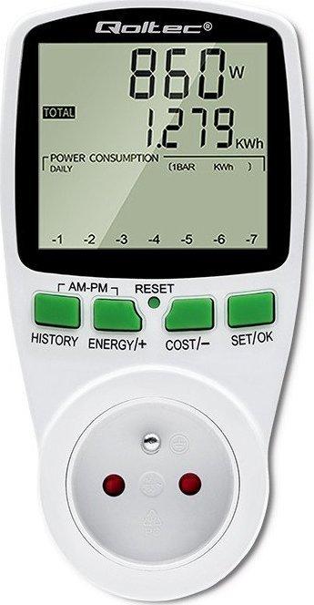 Immagine prodotto Qoltec Watomierz Licznik zużycia energii PM0627 z historią pomiaru| 3680W | 16A | LCD