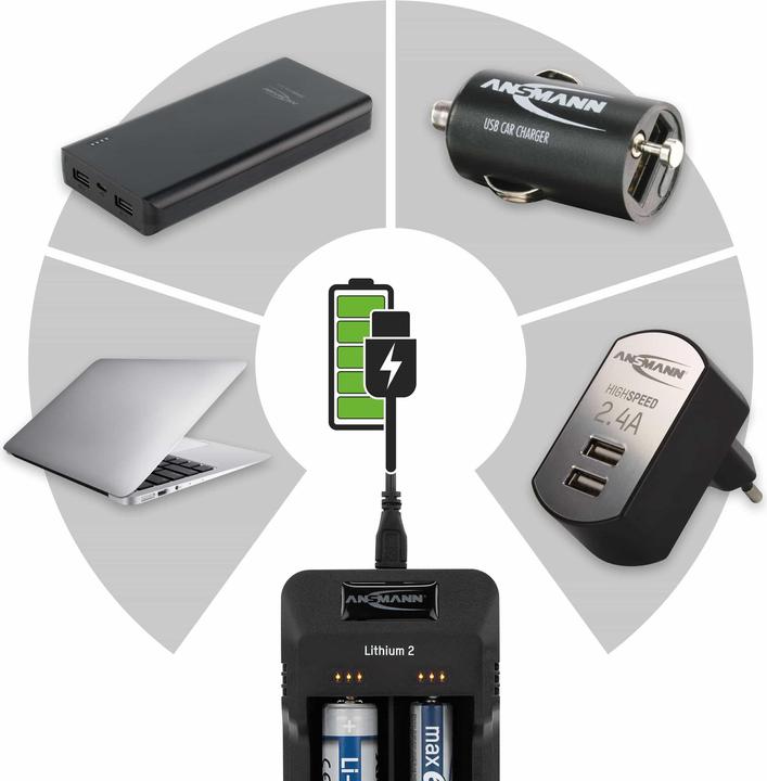 Produktbild Ansmann Lithium 2 (2 Stk., 14500, 16340, 17670, 18500, 18650, 22650, 26650, AAA, AA, Ladegerät ohne Akku)