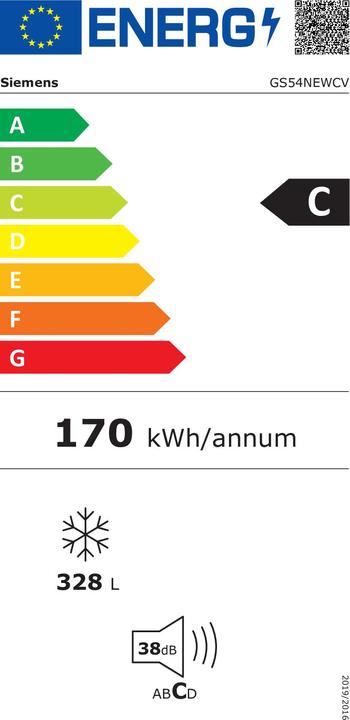 Energie-Label Siemens iQ500, Freistehender Gefrierschrank, 176 x 70 cm, Weiss, GS54NEWCV (Freistehend, 328 l)