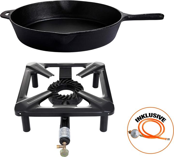 Produktbild All'Grill Hockerkocher-Set (klein) mit Gusseisenpfanne Ø 39 cm inkl. Gasschlauch & Regler (Kochtopf, Gusseisen)