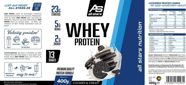 Nutritional values and ingredients All Stars 100% Whey (Cookies & Cream, 1 pcs., 400 g)