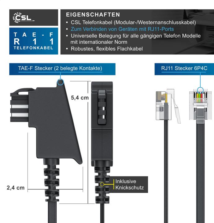 Immagine prodotto CSL Cavo telefonico piatto, spina TAE-F a RJ11, presa telefonica a telefono, cavo piatto, fax