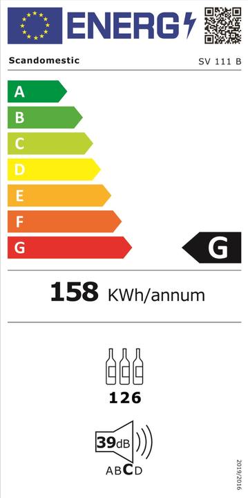 Etichetta energetica Scandomestic SV 111 B Premium Collection - Frigorifero per vini - 1 zona - Larghezza: 59,5 cm - Profondità: 72,5