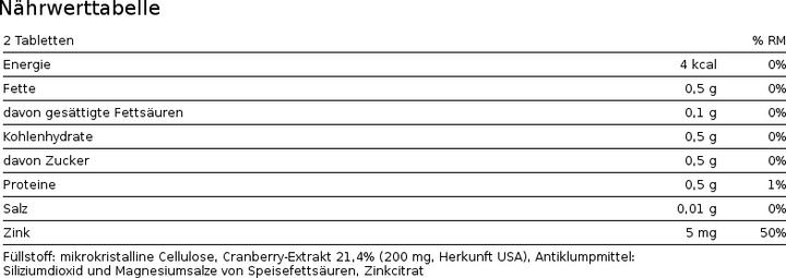 Nährwerte und Zutaten Phytopharma Cranberry FORTE akut 120mg (30 Stück, Tabletten, 45 g)