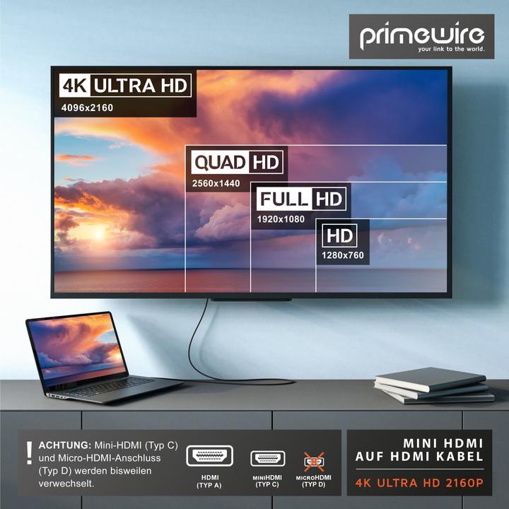 Produktbild Primewire Mini HDMI auf HDMI Kabel, Typ C auf Typ A, 4K miniHDMI Adapterkabel 3840 x 2160 @ 60 Hz, HDR, ARC (3 m, HDMI)