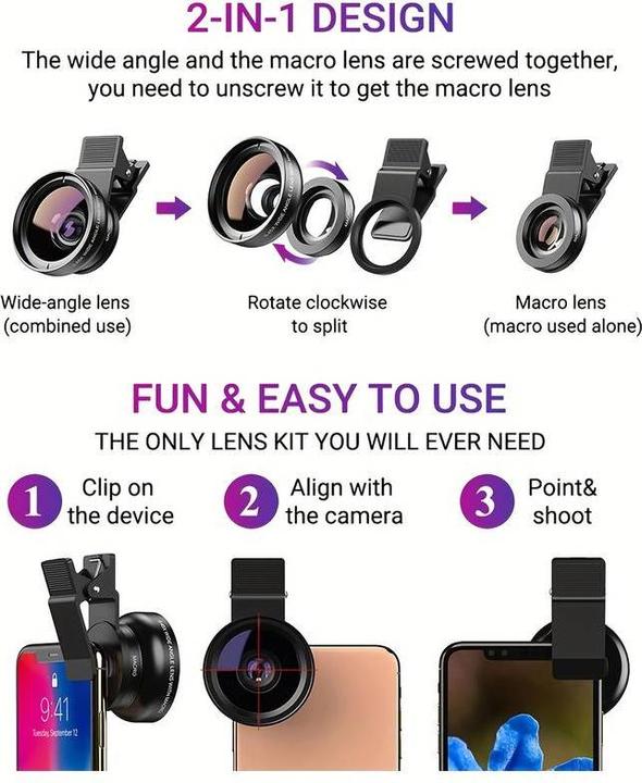 Image du produit PhoneLook APEXEL Objectif 2 en 1 pour smartphone Ultra Grand Angle 0.45x & Super Macro zoom optique