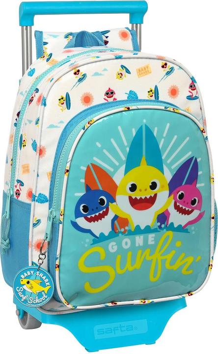 Pinkfong Schulrucksack mit Rädern Baby Shark Surfing Blau Weiss 26 x 34 x 11 cm