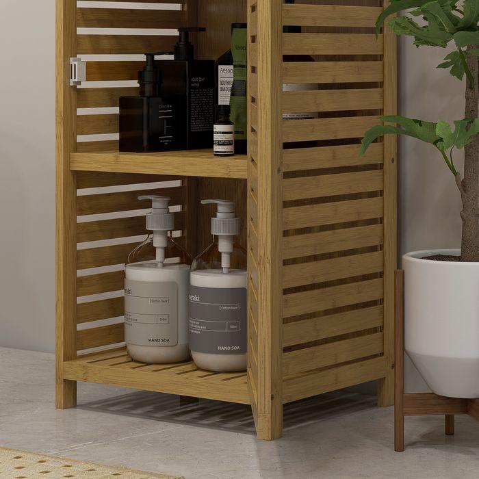Produktbild Swisshandel24 Badezimmerschrank, Bambus, Schrankfach, 3 offene Fächer, Kippschutz, Naturholz, 38,5 x 33 x 170 cm