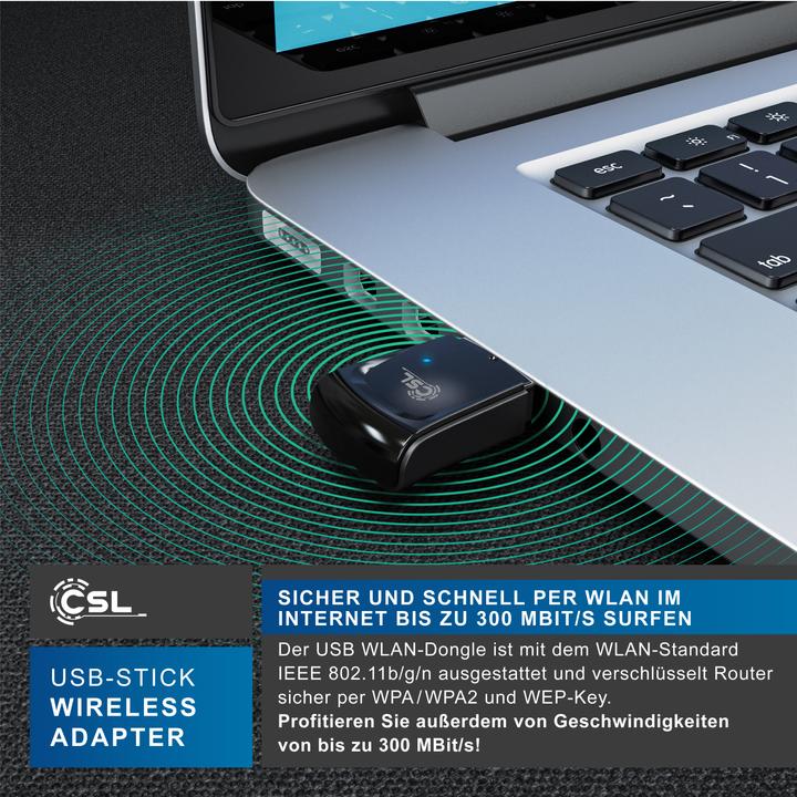 Image du produit CSL Dongle WLAN, clé USB 300 Mbit/s Adaptateur WiFi 2,4 Ghz 2T2R, gain 18 dBm, WEP WPA WPA2 (USB 2.0)