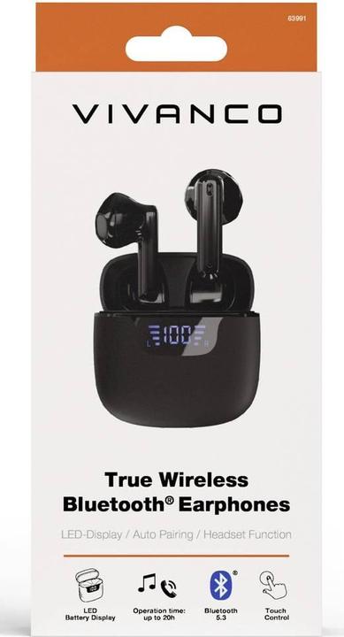 Actual product image Vivanco TWS Bluetooth headphones with LED display case, black (20 h, Cable)