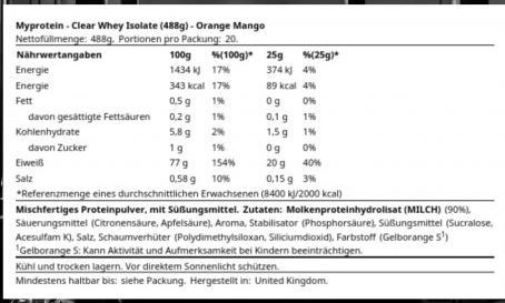 Nutritional values and ingredients MyProtein Clear Whey Isolate (Orange, Mango, 1 pcs., 488 g)