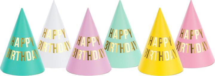 Image du produit Partydeco Chapeaux de fête Happy Birthday couleur pastel, 16 x 11 cm, 6 pièces