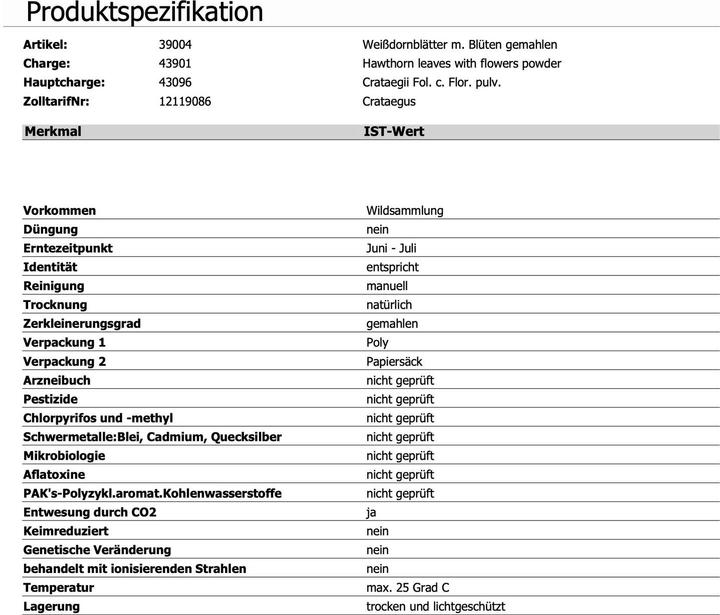 Valeurs nutritives et ingrédients Zimmerli Adaptogene Gélules d'aubépine 50 gélules (1 pièce(s), Capsules, 25 g)