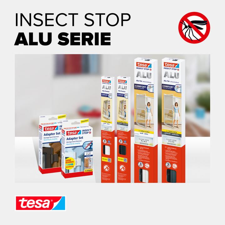Produktbild tesa Insektenschutz Alu COMFORT für Fenster, mit Rahmen aus Aluminium, ohne Bohren (120 x 150 cm)