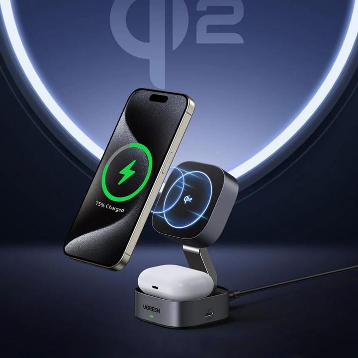 Produktbild Ugreen W702 3in1 inductive charger with MagSafe / Qi2 and USB-C port for phone / headphones - black (15 W)