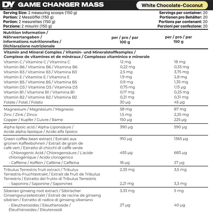 Nutritional values and ingredients DY Nutrition Game Changer Mass (White Chocolate Coconut, 3000 g)