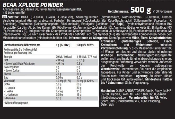 Nutritional values and ingredients Olimp Sport Nutrition BCAA Xplode (500g can) (1 Piece, Powder, 500 g)
