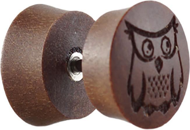 Image du produit Star Piercing Faux plug en bois Sawo avec hibou (sans laiton, Organique)