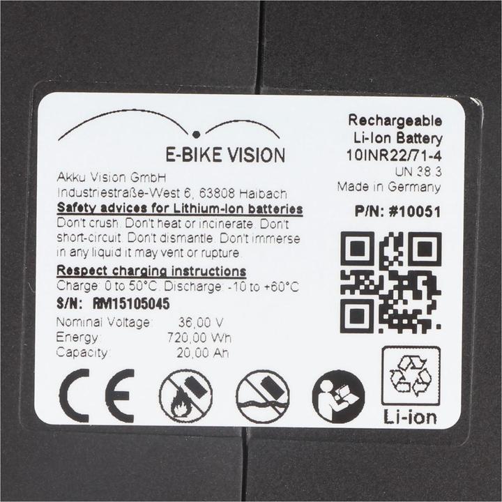 Produktbild E-Bike-Vision E-Bike Akku Riese und Müller Charger Nuvinci 36 Volt 20Ah 720 Wh (E-Bike Akku)
