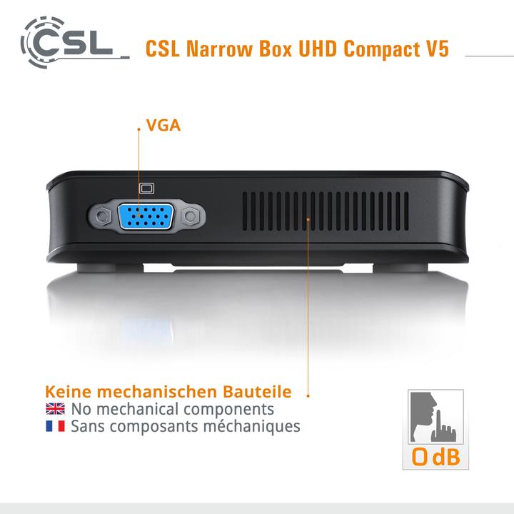 Image du produit CSL Mini-PC Narrow Box Ultra HD Compact v5 / 1000Go M.2 SSD / Win 11 (Intel Celeron N5100, 4 Go, 384 Go, Intel UHD Graphics)