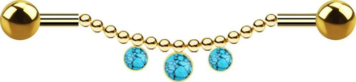 Actual product image Star Piercing Barbell gold-plated two ball chain three turquoise stones (Mineral, without brass, Surgical steel 316L)