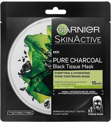 Garnier Maschera tessile con estratto di alghe marine e carbone puro Natura L S (Maschera in tessuto nero) (28 ml)